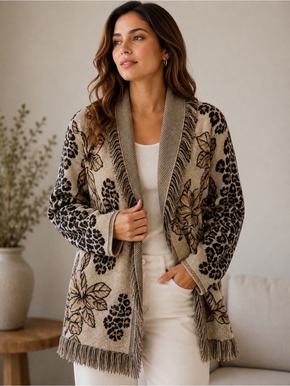 Johnny Was Fall Tropical Fringe Cardigan Cashmere/Wool XS